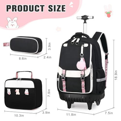 Bevalsa Rolling Backpack for Girls, 3PCS Roller School Backpack Set | with Lunch Box & Pencil Case, Kids Bookbag with Wheels for Teen Girls Elementary Middle High School Students - color: Black White