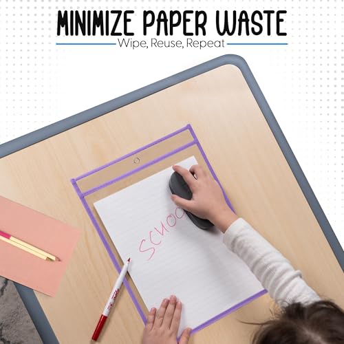 Essex Wares - 6 Pack, Light Purple, Water-Resistant Dry Erase Pocket Document Protectors, 10" Wide x 13.5" Tall - Dry Erase Clear Plastic Sleeves - Reusable & Easy Erase Plastic Invoice Holders - color: Light Purple