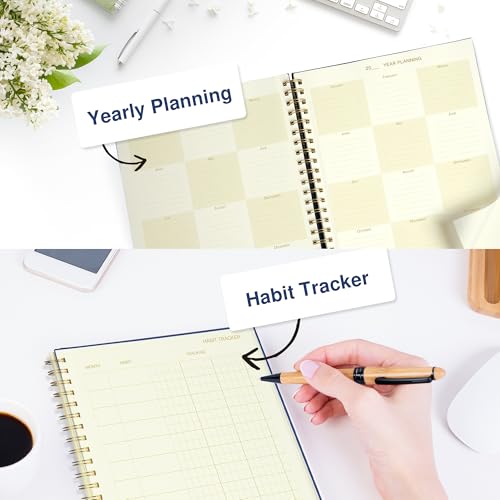 AuroPlanner Undated Daily Planner Notebook 8.5x11 Hourly Schedule Blue | office & student planning, 180 pages 100 GSM cream white paper hardcover spiral bound notebook, 2026-2028 reference calendar - color: Navy Blue