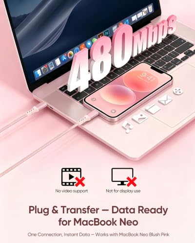 Pink USB C to USB C Cable 10FT 2-Pack,60W Fast Charging for MacBook Neo | Extra-Long , 60W PD Fast Charging, 480Mbps Sync, Braided, for MacBook Neo-Blush Pink, for iPhone 17/16/15,HP Book Pro14 - size: 10FT
