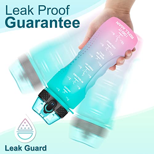 24 OZ Motivational Kids Water Bottle With Time Marker,Straw Lid,Leak Proof, Tritan BPA Free Sports Water Bottle Dark Green Pink (1 Lid) - color: Mint Dark Green Pink