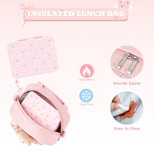 ACESAK Backpack for Girls with Bento Box - 4 PCS Cute Girls Backpack with Lunch Box, Pencil Case & Bento Box Set - 43oz Leakproof Lunch Box Kids Snack Containers Set Back to School Supplies (Pink) - color: Pink