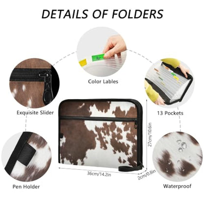 Western Cow Skin Texture Expanding Accordion File Folder with Sticky Labels, 13 Pockets Zip File Folder with Zipper Closure - color: Western Cow Skin Texture