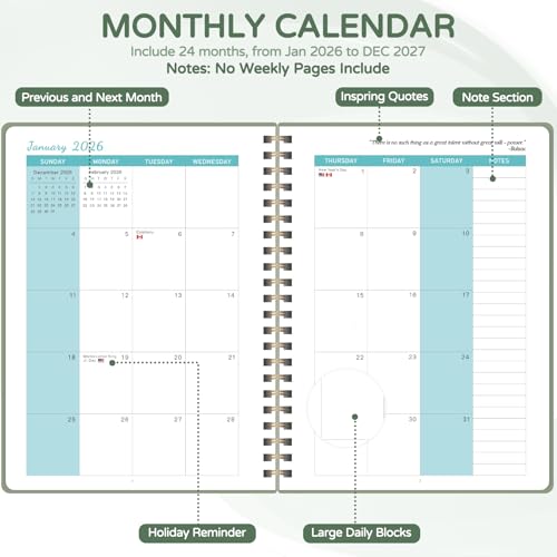 Monthly Planner 2026-2027, 2 Year Calendar 2026-2027 (Jan 2026 - Dec 2027), 7" x 10", 26-27 Monthly Calendar Planner, 24-Month Planning Book for Home School Office Supplies - color: O-Green