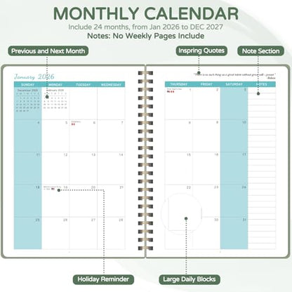 Monthly Planner 2026-2027, 2 Year Calendar 2026-2027 (Jan 2026 - Dec 2027), 7" x 10", 26-27 Monthly Calendar Planner, 24-Month Planning Book for Home School Office Supplies - color: O-Green