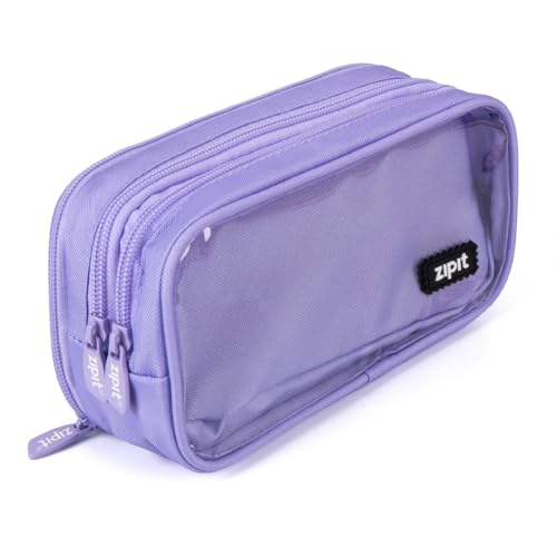 ZIPIT Half & Half Pencil Case for Girls, 3 Compartment Zipper Pouch for School, Stationery Bag for Teen and Adults, Purple - color: Light Purple