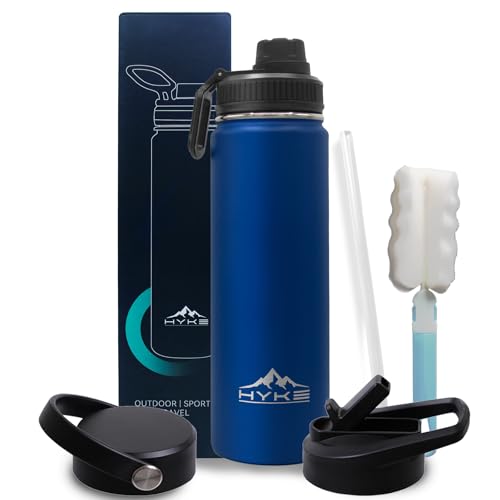 24oz Insulated Water Bottle–Vacuum Stainless Steel Bottle with | Straw, Spout, Handle, 3 Lids–Leak Proof, BPA Free, Fits Cup Holders–Metal Thermos for Hiking, Gym, Car, Bike （Dark Blue） - color: Dark Blue