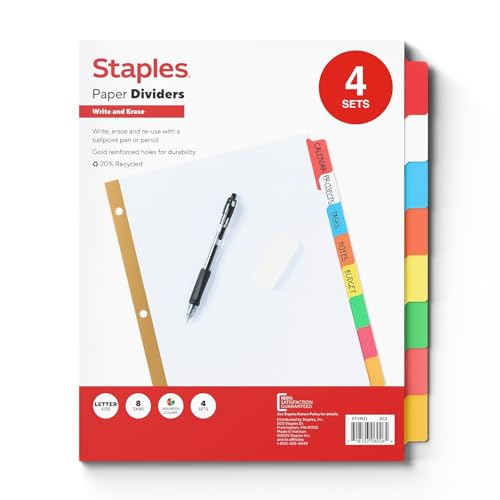Staples Big Tab Write-On & Erase Dividers, 8-Tab, Assorted Colors, 4 Sets, Reusable Binder Dividers - size: 8-Tab, style: Assorted Colors