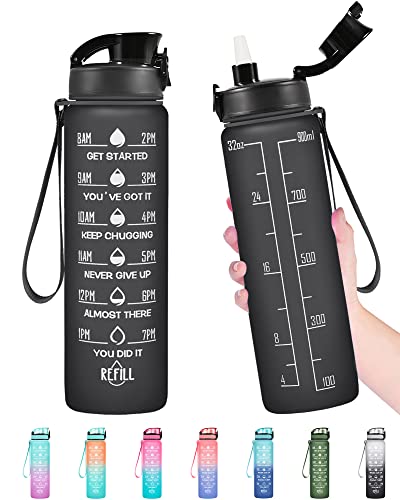 Enerbone Water Bottle, Leakproof BPA & Toxic Free, Motivational Water Bottle with Times to Drink and Straw, Fitness Sports Water Bottle with Strap for Office, Gym, Outdoor Sports - color: Black Matte, size: 32 Ounces