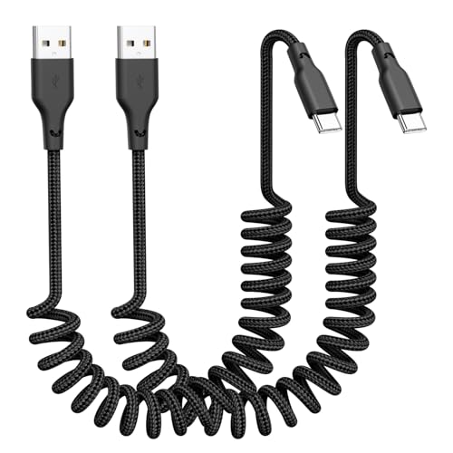Quickeep Car Carplay Cable 2Pack 3ft Coiled USB A to USB C Fast Charge Cord for iPhone 17/16/15/Plus/Pro Max/MacBook Pro, Auto Coiled Retractable iPhone Car Cord - color: Black, size: 3FT-2pack