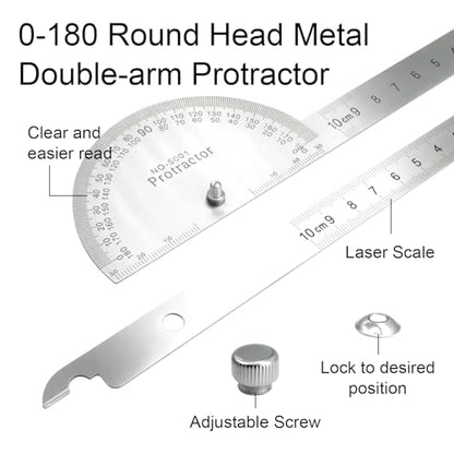 Protractor and Compass Set - 10cm (3.94 Inch) Stainless Steel Angle Finder with 2 Metal Compasses, 180° Adjustable Two Arm Ruler for Geometry, Woodworking, Engineering & School Supplies