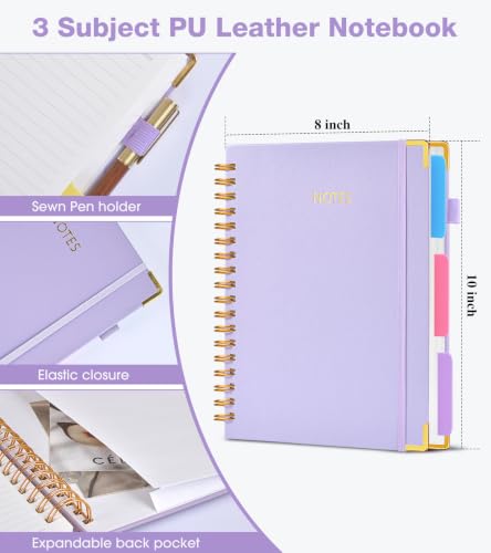 JASLEKO 3 Subject Notebook College Ruled with Dividers Tabs, 100 GSM Leather Hardcover Spiral Notebooks for School Work, 240 Pages Large Cute Notebook Journal for Women Men, College Students,Purple - color: Purple