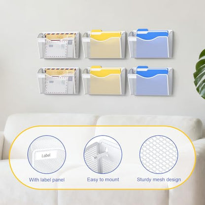 samstar 6 Pack Mesh Wall Mounted File Holder Metal Wall File Pocket Mail Organizer for Office/Home(with Label Panel), White - color: White