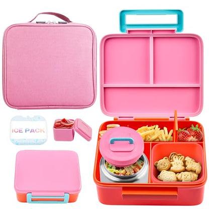 Bento Lunch Box for Kids with Thermo, Leakproof Bento Box with 8oz Insulated Food Jar, Lunch Bag, BPA Free Dishwasher Safe 4 Compartment Container for School Girls Boys (Pink) - color: Pink1
