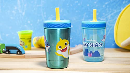 Zak Designs Baby Shark Kelso Tumbler Set, Leak-Proof Screw-On Lid with Straw, Bundle for Kids Includes Plastic and Stainless Steel Cups with Bonus Sipper (3pc Set, Non-BPA) - color: Baby Shark, size: 3 Piece Set (Pack of 1)