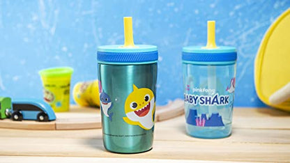 Zak Designs Baby Shark Kelso Tumbler Set, Leak-Proof Screw-On Lid with Straw, Bundle for Kids Includes Plastic and Stainless Steel Cups with Bonus Sipper (3pc Set, Non-BPA) - color: Baby Shark, size: 3 Piece Set (Pack of 1)