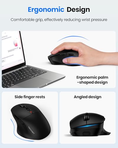 TECKNET Wireless Mouse Bluetooth 5.0/3.0 & 2.4G Rechargeable, Silent Clicks, Adjustable 4800 DPI, 6 Buttons, Ergonomic Design, Bluetooth Mouse for Laptop, Computer, ipad - color: Black