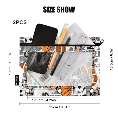 ZAZYXTJ Basketball Football Ball Binder Pencil Pouchs 3 Ring | with Zipper Clear Window Office Organizers bag for School Students Teacher Supplies 2 Pack - color: Ball