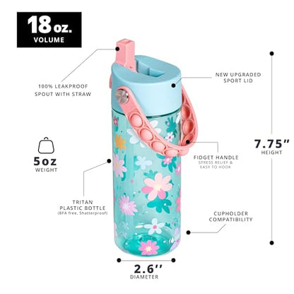 Elemental Leak Proof Water Bottles for Kids - Splash Kids Water Bottle for School with Pop-it Handle - Tritan Plastic Water Bottle with Straw - Stylish Cat & Spring Blossom - 18oz (2 Pack) - color: Duo - Stylish Cat / Spring Blossom