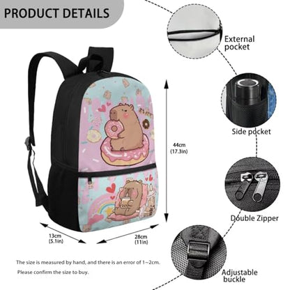 CLOHOMIN Cute Capybara Backpack and Lunch Bag Set 11-12 Primary School Bookbag for Girls 4th Grade Leakproof Cooler Bags Water Bottle Holder with Strap Kids School Bag Children Book Bags, 3pcs - color: Capybara Doughnut