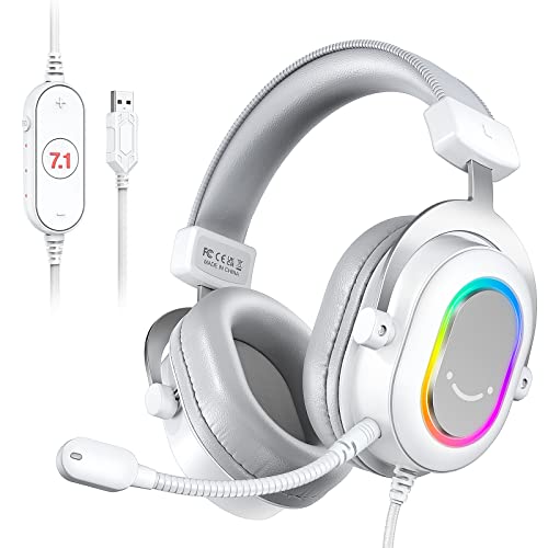 FIFINE USB Gaming Headset, PC Headphones Wired with Microphone for Computer/Laptop, Over-Ear RGB Headset with 7.1 Surround Sound, Noise Cancellation for Streaming Video Game- AmpliGame H6 (White) - color: White