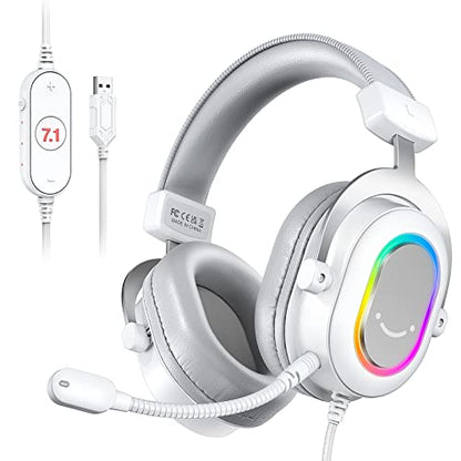 FIFINE USB Gaming Headset, PC Headphones Wired with Microphone for Computer/Laptop, Over-Ear RGB Headset with 7.1 Surround Sound, Noise Cancellation for Streaming Video Game- AmpliGame H6 (White) - color: White