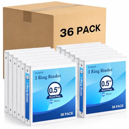 SUQJOY Durable 3 Ring Binders 0.5 Inch 36 Pack Bulk, Clear View Binders Bulk Three Ring Binders PVC Free, Fit for 8.5x11 inches for School or Office Supplie(White - color: White, size: 0.5 Inch, style: 36pack