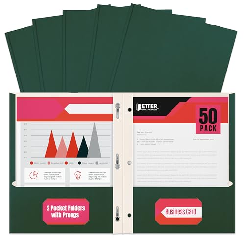 Better Office Products Dark Green 2 Pocket Folders with Prongs, 50 Pack, Letter Size, Matte Texture, 8.5 x 11 Inch - color: Dark Green
