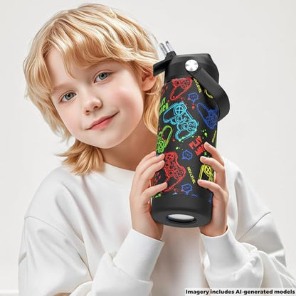 Boys Water Bottle with Straw,18 oz Kids Insulated Cups with Stainless Steel Leak Proof for School,Sport&Travel（Game） - color: A16.Graffitig-Game