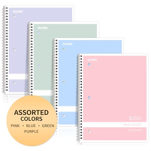 SUNEE Spiral Notebooks Wide Ruled, 1-Subject, 4 Pack, 8 x 10-1/2 in, 70 Sheets, 3-Hole Punched 70gsm Paper, Pastel Pink, Purple, Blue, Green for School, Home & Office, Writing Journal - color: Pastel