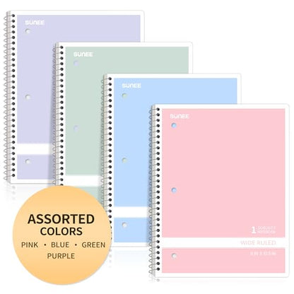 SUNEE Spiral Notebooks Wide Ruled, 1-Subject, 4 Pack, 8 x 10-1/2 in, 70 Sheets, 3-Hole Punched 70gsm Paper, Pastel Pink, Purple, Blue, Green for School, Home & Office, Writing Journal - color: Pastel