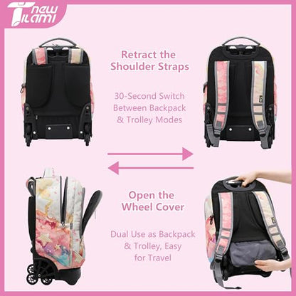 NEW TILAMI 18-Inch 6-Wheel Rolling Backpack for Kids, Starshine | Adjustable Shoulder Straps Padded Back Panel Top Carry Handle Tuck-Away Trolley Handle Carry Options - color: Starshine