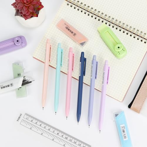 Buqoo Mechanical Pencil Set, 6PCS 0.7mm Cute Pastel Mechanical Pencils, 2Push-Pull Retractable Eraser with 80PCS HB 0.7 Lead Refill and Zipper Bag Pencil Kit for Art, Drawing Pencils for Sketching - color: Multicolor Pink