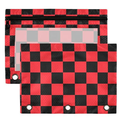 Crimson Chessboard Binder Pouches 3 Ring for Boys Girls School Office College Supplies DarkRed Buffalo Plaid Black Pencil Pouches Case Bag with Clear Window and Zipper 2 Pack - color: Crimson