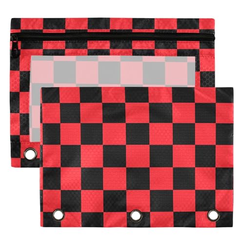 Crimson Chessboard Binder Pouches 3 Ring for Boys Girls School Office College Supplies DarkRed Buffalo Plaid Black Pencil Pouches Case Bag with Clear Window and Zipper 2 Pack - color: Crimson
