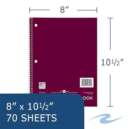 ROARING SPRING College Ruled 1 Subject Notebook, Wirebound Writing Notebook, 4 Pack, 70 Sheets, 8 x 10.5 Inches, Made in USA, Ideal for Students, School, & Office - size: 1 Subject