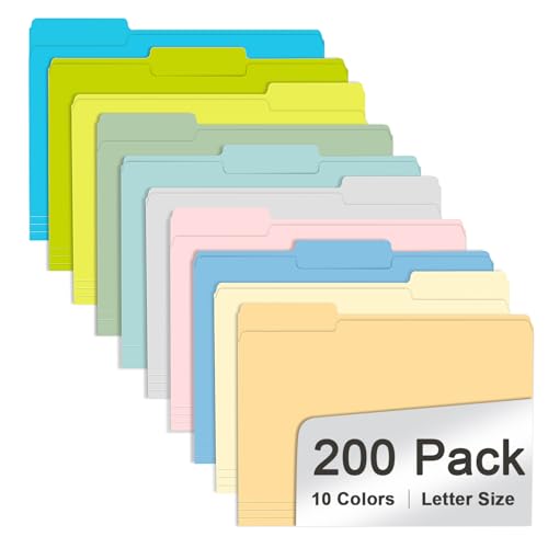 File Folder, RAZCC 200 Pack Colored File Folders, 1/3 Cut Tab File Folder Letter Size, Filing Folders with Tabs for Office School Business Use, Assorted 10 Colors - color: Asssorted 10 Colors