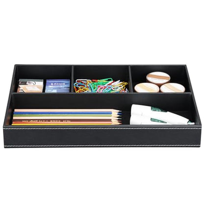 KINGFOM Pu Leather Desk Organizer Tray, 4 Compartment Office Storage Supplies Stationery Drawer Tray, Nightstand Bedside Tray for Key, Wallet, Sunglass, Watch, Coin, Phone Valet Tray Stackable Black - color: Black