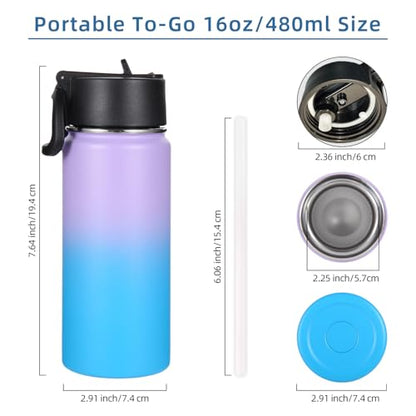 Volhoply Kids Insulated Water Bottle with Straw,16oz Stainless Steel Cold Water Bottles for School,BPA-Free Metal Wide Mouth Cups with Handle,Reusable Double Wall Vacuum Sport Flask(Lavender Blue,1) - color: Lavender Blue
