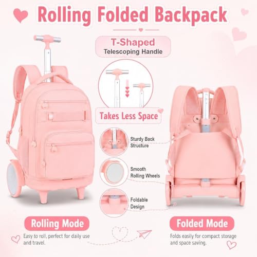 3Pcs Large Rolling Backpack for Teen Girls Women, 20 Inch Detachable Wheeled Bookbag with Lunch Box, Durable Oxford Cloth Roller Backpack for College School Travel (Pink) - color: Large Wheels Classic Pink