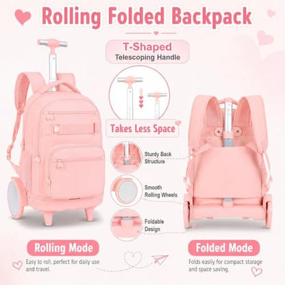 3Pcs Large Rolling Backpack for Teen Girls Women, 20 Inch Detachable Wheeled Bookbag with Lunch Box, Durable Oxford Cloth Roller Backpack for College School Travel (Pink) - color: Large Wheels Classic Pink