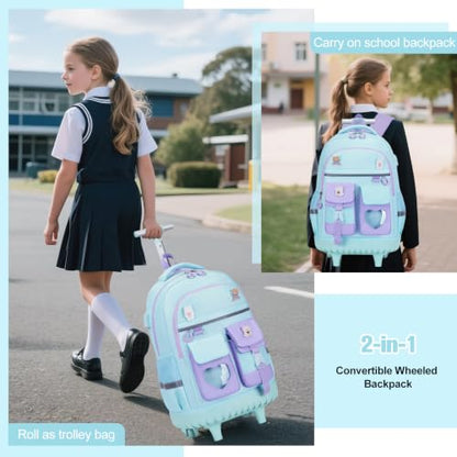 ACESAK Rolling Backpack for Girls - Roller Wheels School Bookbag with Lunch Bag & Pencil Pouch for Teen Girls Kids Wheeled Suitcase Backpacks, Elementary Middle School Travel Daypack (Blue Purple) - color: Blue-purple