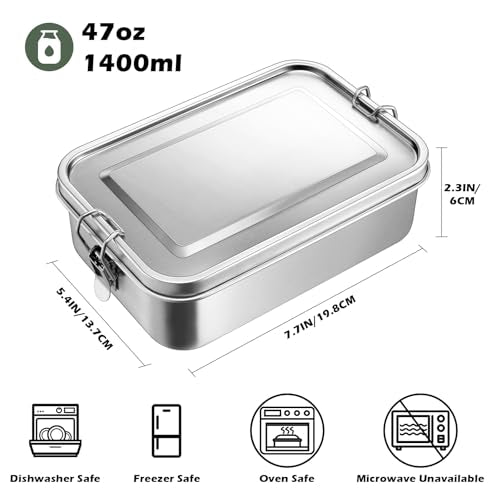 Leonyo 18/10 Stainless Steel Lunch Box for Adults 47oz, 1400ml Metal Bento Box with Removable Divider, 3 Compartments Stainless Snack Lunch Containers for Woman Man, Leak-Proof Dishwasher Safe - size: 1400ML