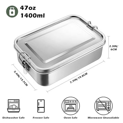 Leonyo 18/10 Stainless Steel Lunch Box for Adults 47oz, 1400ml Metal Bento Box with Removable Divider, 3 Compartments Stainless Snack Lunch Containers for Woman Man, Leak-Proof Dishwasher Safe - size: 1400ML