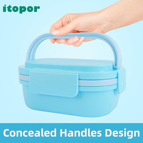 Itopor Bento Box for Kids, Stackable Kids Lunch Box, Pale Blue, 40 oz | Leakproof 2-compartment base, 3-compartment snack tray, hidden handle & utensils. BPA-Free, microwave & dishwasher safe