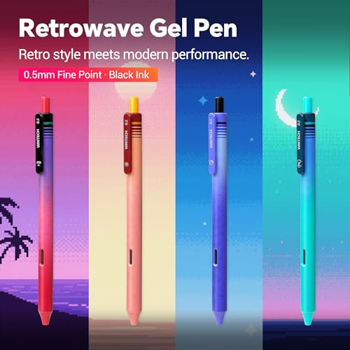 WRITECH Black Ink Gel Pens: 8-Pack Retrowave 0.5mm Fine Point Pens - Smooth Writing Silent Clicker and Refillable Perfect for School Office & Everyday Use. - color: 8 Pcs Retrowave