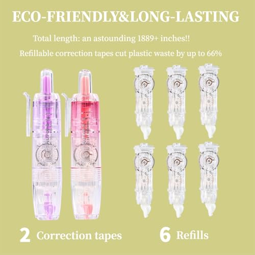 Refillable Correction Tape, 157 ft Total – 2 Pre-Filled Dispensers + 6 Snap-In Refills, School & Office Supplies, Pink &Purple - color: Pink+Purple