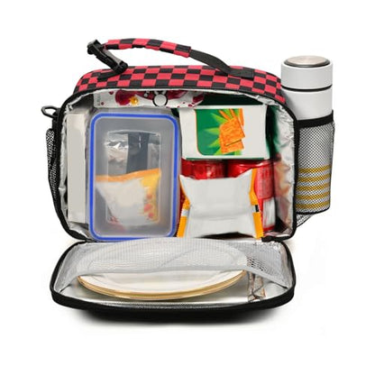 Custom Student Lunch Bag for Boys Girls Red Black Checkered Personalized Lunch Box With Name Insulated Cooler Bag for School Picnic Travel - color: Multi06