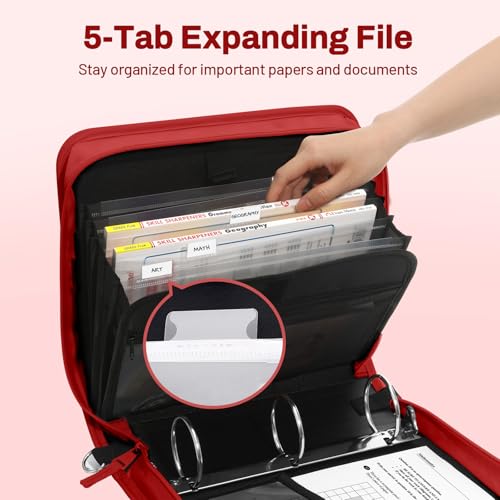 SUNEE Zipper Binder 3 Ring, 3 Inch O-Ring with Handle and Shoulder Strap, 600-Sheet Capacity, 5-Tab Expanding File Folder, Multi-Pockets for Middle School Organizer Binder with Zipper, Bright Red - color: Bright Red