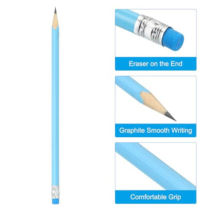 PATIKIL Round Pencils, 48 Pack HB Graphite Pencils with Eraser Wood Pencils Cute Pencil for Classroom Teacher Office Supplies, Blue - color: Blue